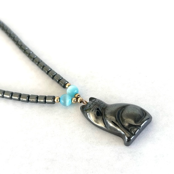 Vintage Carved Stone Cat Pendant Hematite And Blue Cat Eye Beaded Necklace 17” - Picture 7 of 9